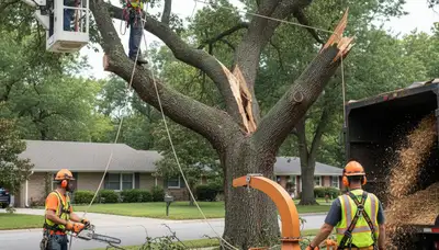 Bakersfield, CA tree service crew removing storm-damaged fallen tree for emergency cleanup