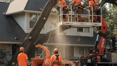 Bakersfield, CA tree service crew removing storm-damaged tree for emergency hazard cleanup