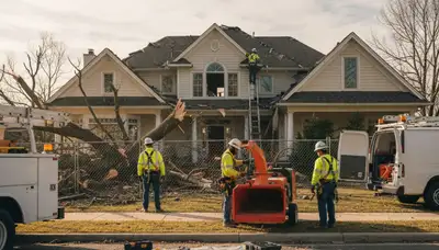 Bakersfield, CA tree service crew removing storm-damaged limbs from a damaged tree