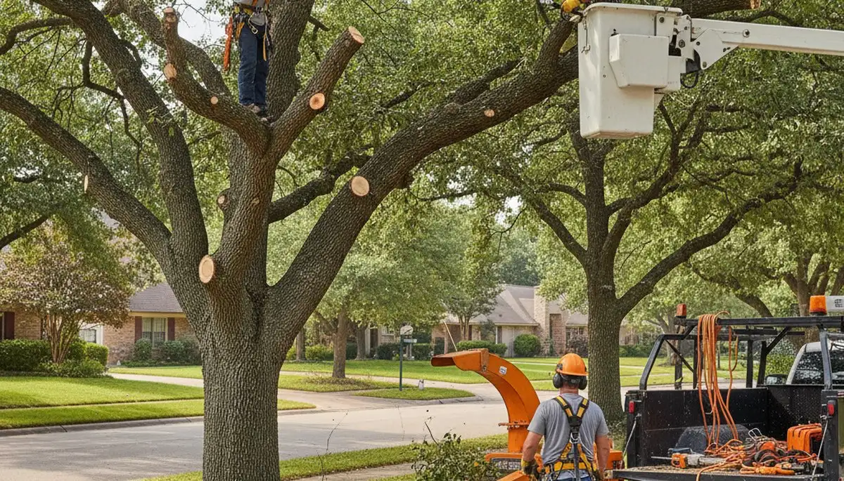 Tree trimming crew pruning a tree in Bakersfield, CA for safer, healthier growth