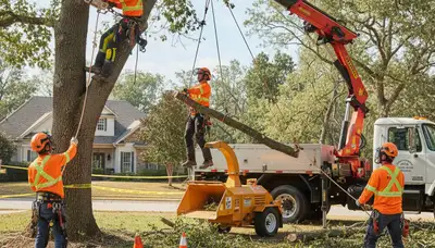 Bakersfield, CA tree removal crew safely cutting down a dead tree on a residential property