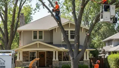 Tree service crew trimming and removing branches in Bakersfield, CA