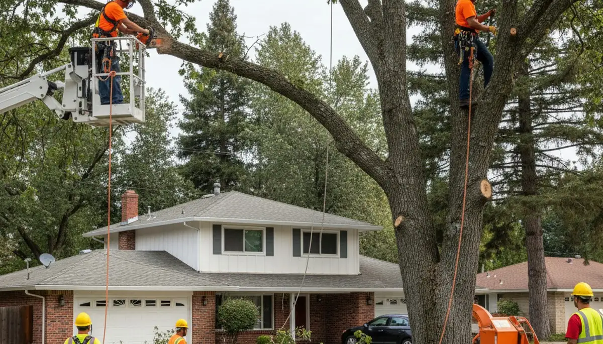 Tree service crew trimming trees in Bakersfield, CA for safe, professional maintenance