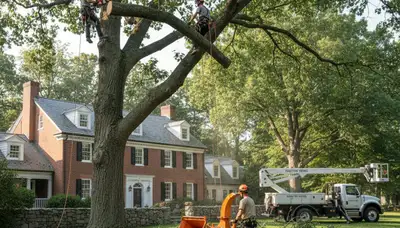 Tree service crew trimming a tree in Bakersfield, CA for residential property maintenance