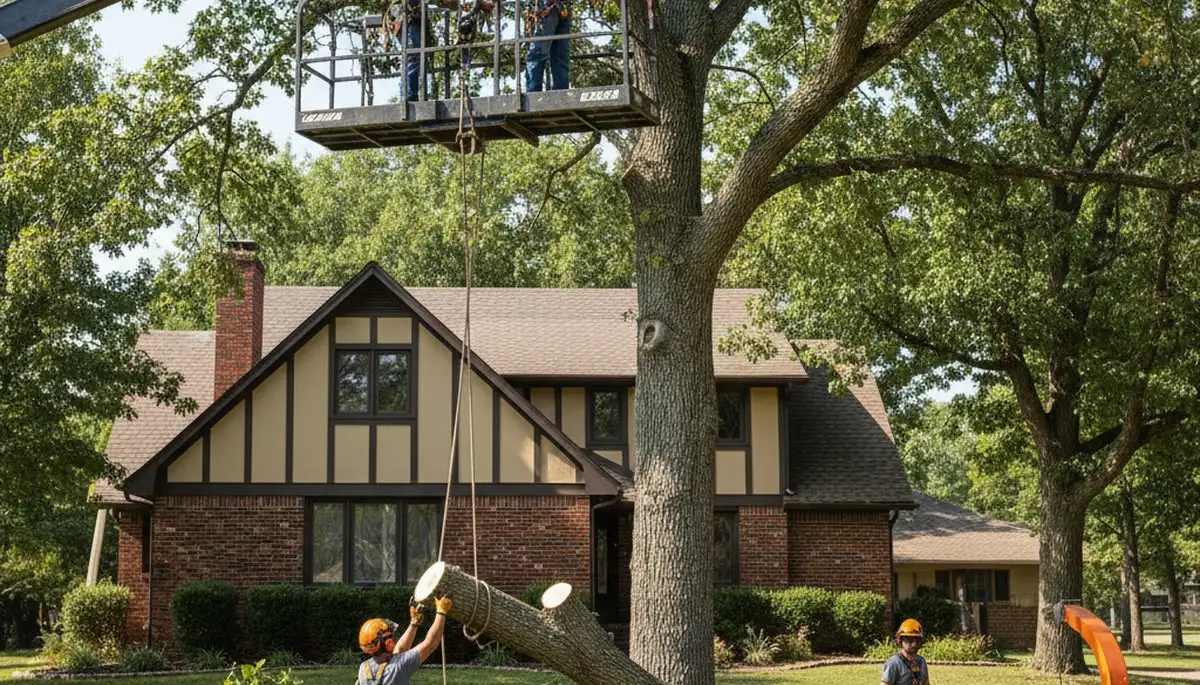 Tree service crew trimming trees in Bakersfield, CA for safe, professional maintenance