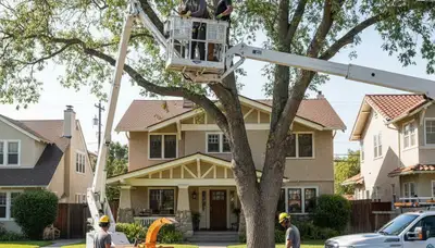 Tree service crew trimming trees in Bakersfield, CA for safe, professional yard maintenance