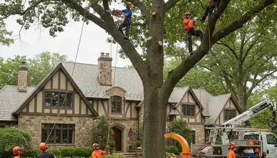Tree service crew trimming a tree in Bakersfield, CA for professional tree care
