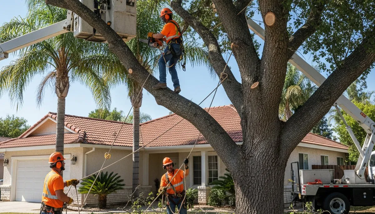 Tree service crew trimming trees in Bakersfield, CA for safe, professional maintenance