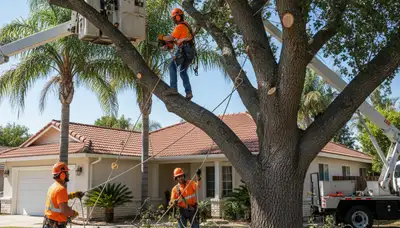 Tree service crew trimming trees in Bakersfield, CA for safe, professional maintenance