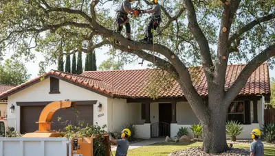 Tree service crew trimming trees in Bakersfield, CA for safe, professional property care