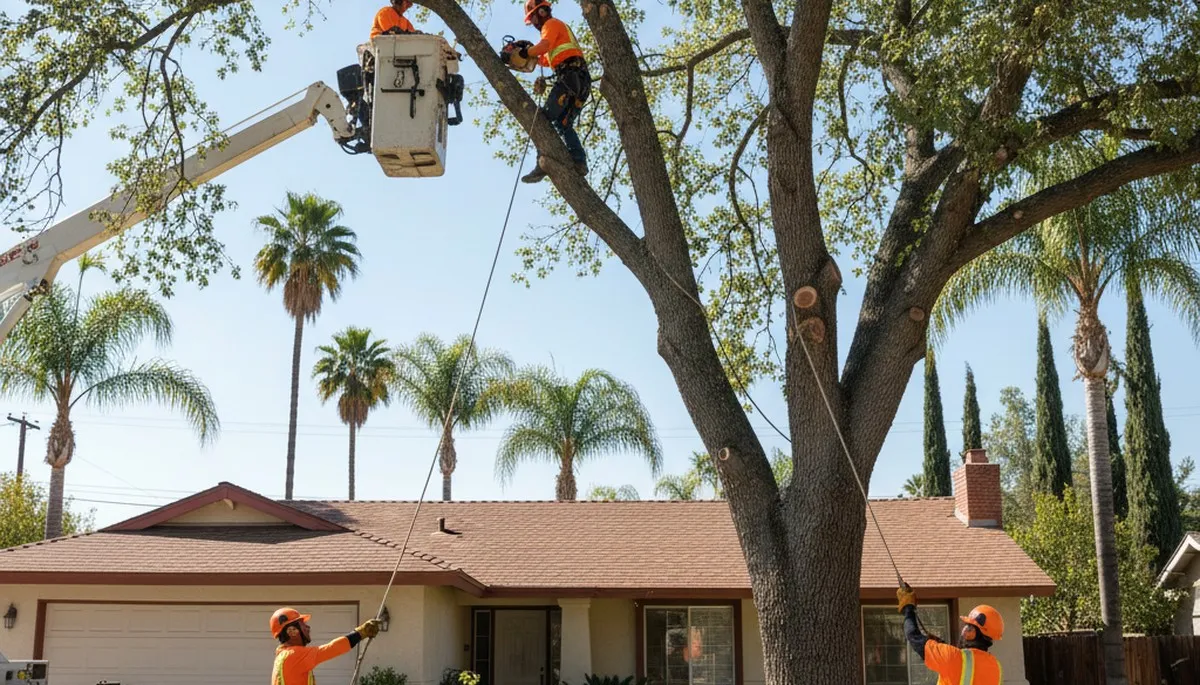 Tree service crew trimming a tree in Bakersfield, CA for safe, professional maintenance