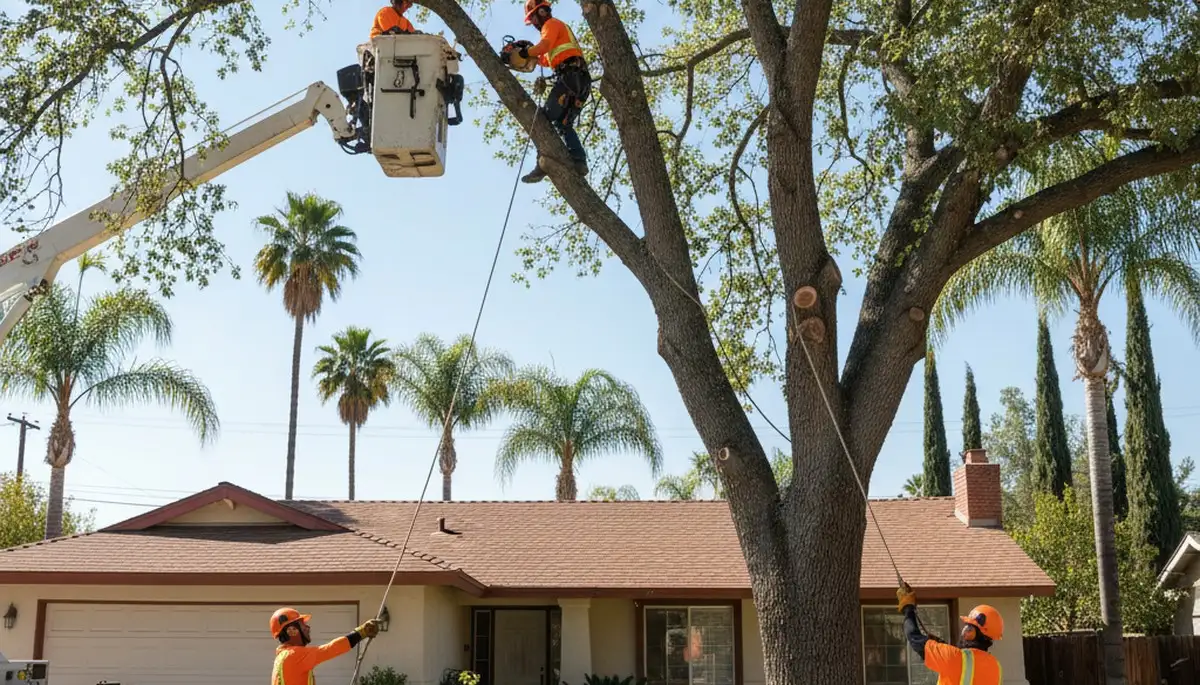 Tree service crew trimming a tree in Bakersfield, CA for safe, professional maintenance