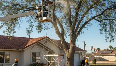 Tree service crew trimming trees in Bakersfield, CA for safe, professional maintenance