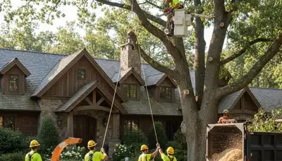 Tree service crew trimming trees in Bakersfield, CA for safe, professional maintenance